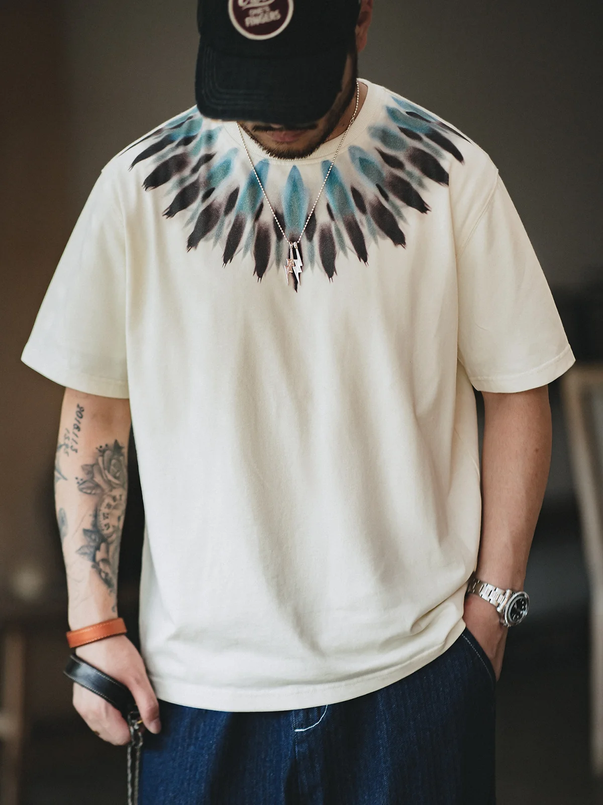 Summer and Autumn American Retro Indian Feather Printed Short Sleeve Vintage Loose Ethnic Style T-shirt for Men