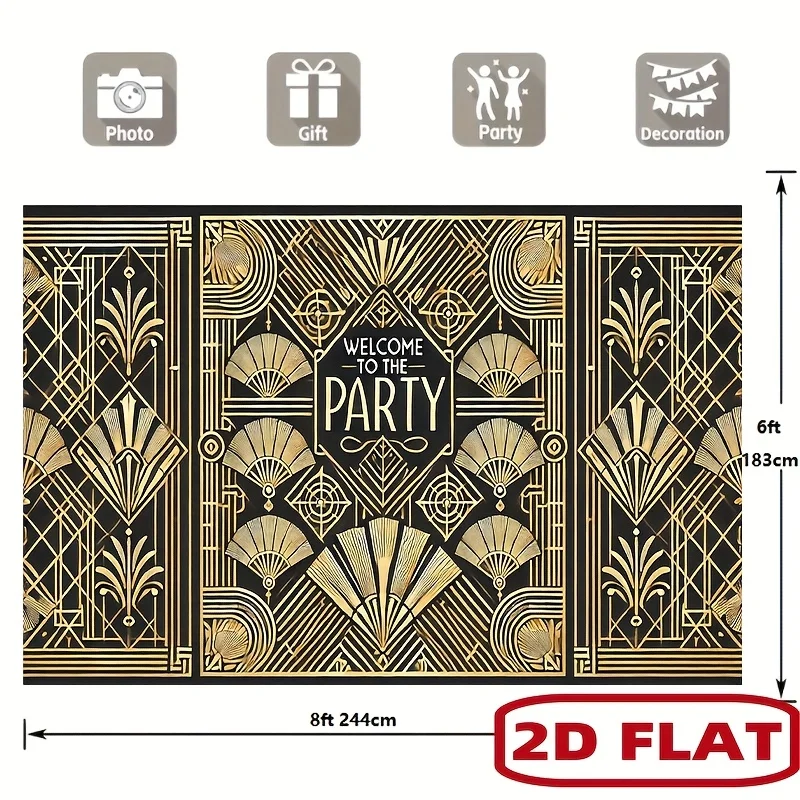 Art Deco Welcome to the Party Tapestry Roaring 20s Gatsby Theme Backdrop Gold Black Geometric Patterns Fan Motifs  Flat Printing