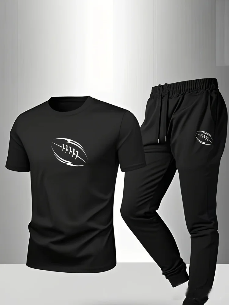 

Мужской повседневный комплект, летние новые поступления, футболка с круглым вырезом и короткими рукавами с буквенным принтом и дышащие повседневные брюки, комплект из двух предметов