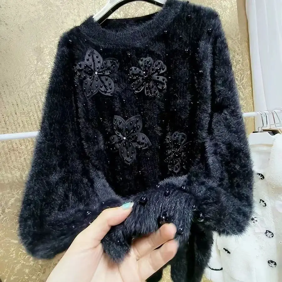 Luxury Style Fashion Beaded Flowers Stitch Faux Fur Sweater for Women Autumn/Winter 2024 Thick Warm Pullover Top ropa de mujer