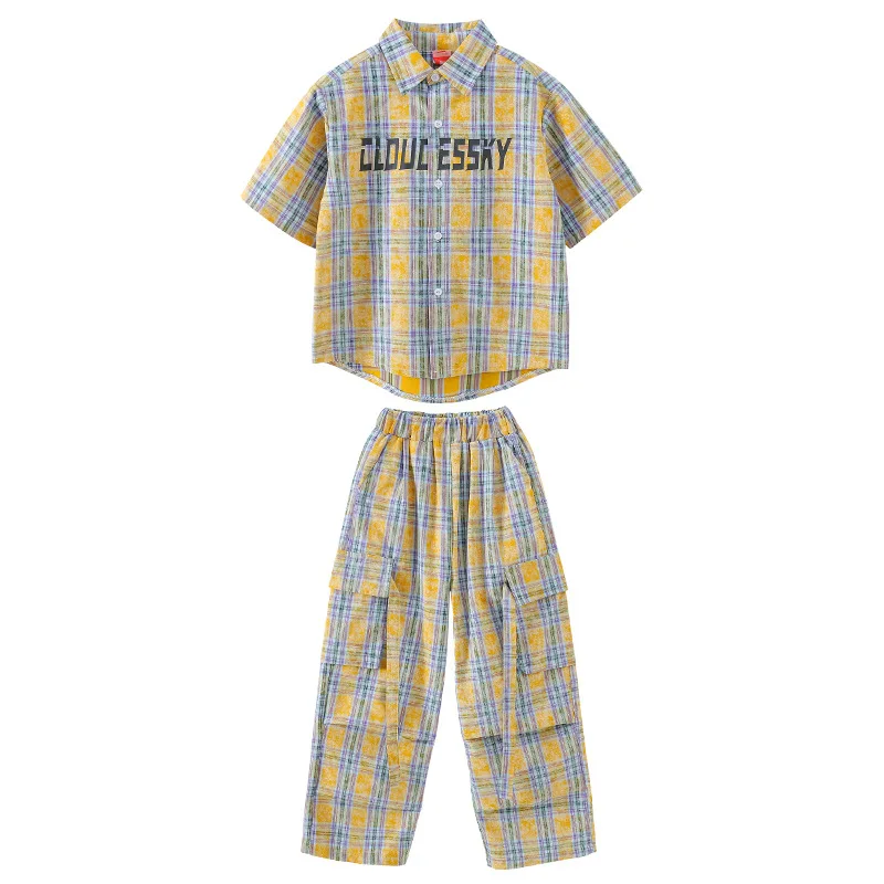 Hip hop meninas camisa xadrez calças de carga meninos moda roupas de dança de rua conjunto crianças adolescentes streetwear crianças k-pop jazz traje