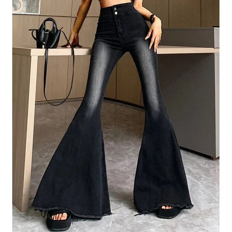 Vrouw Hoge Taille Gothic Streetwear Flare Jeans Dames Vintage Stretch Fleece Broek Meisjes Mode Zwart Grijs Spijkerbroek