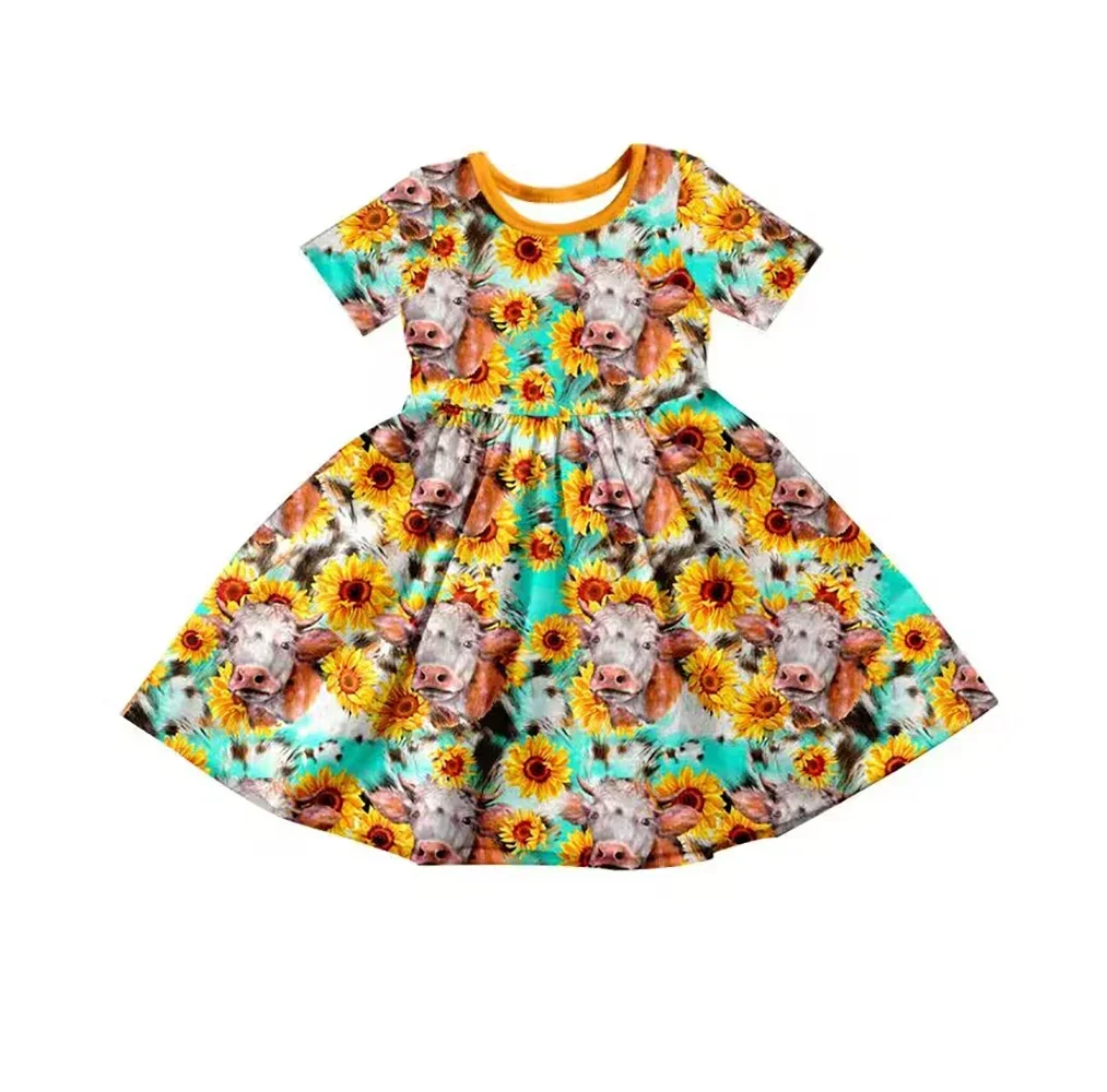 New design Girl kid's dress Western Sunflower fabric baby Short-sleeved dresses girl Knee-length skirt boutique clothing