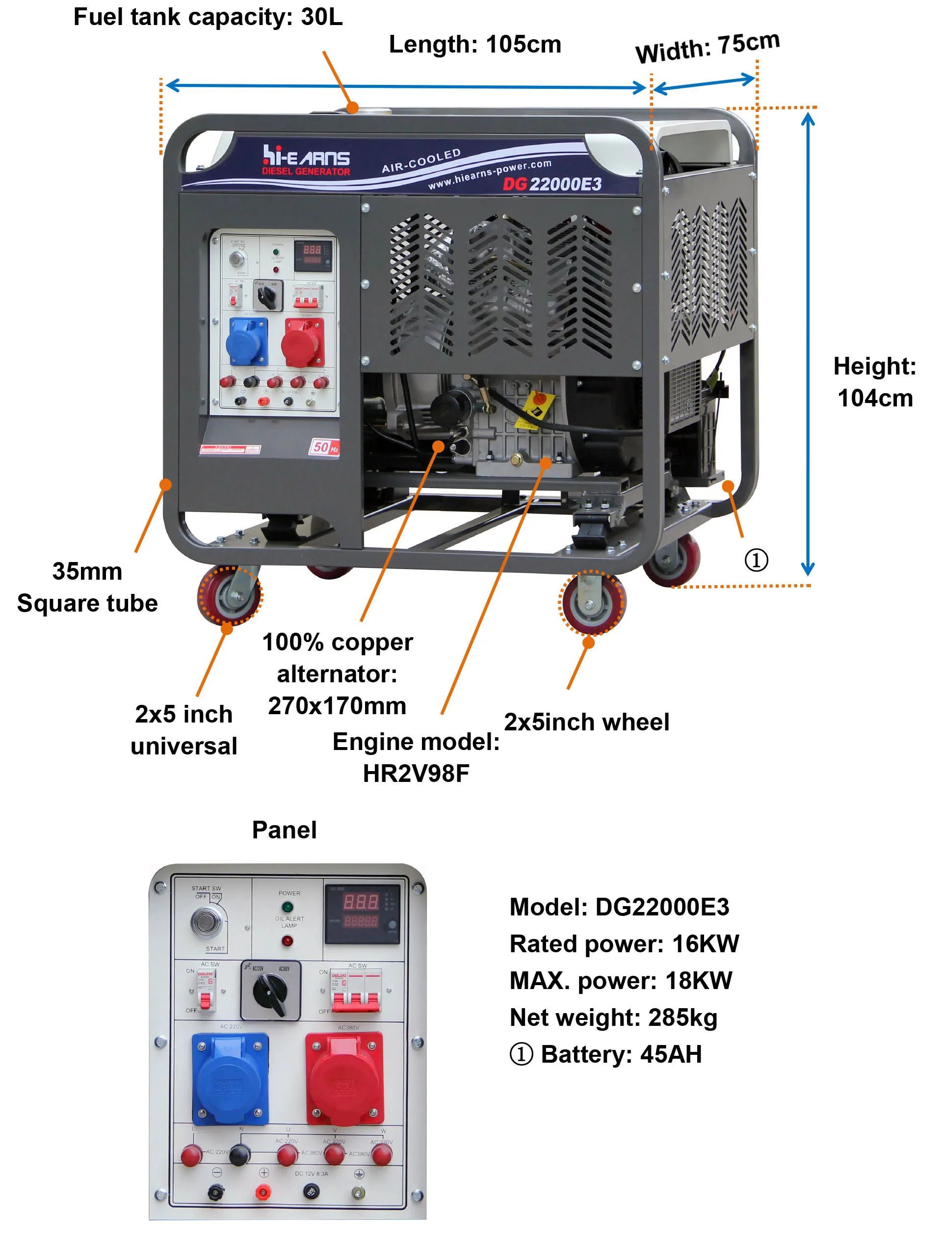16kw Open Type Three Phase Air Cooled Diesel Generator Two Cylinder HR2V98FD