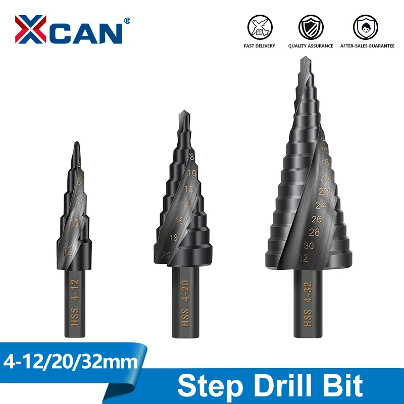 XCAN 1/3Pcs HSS Step Drill Bit 4-12mm 4-20mm 4-32mm High Speed Steel Nitrogen Spiral Triangle Shank Drill Bit Set for Metal Cone
