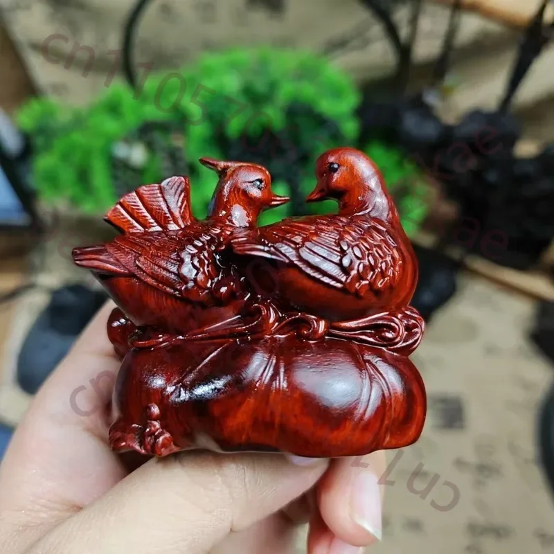 Hand-Carved Rosewood Mandarin Ducks Sculpture - Pocket-Sized Wood Carving Figurine for Collection, Play, Home Decor, and