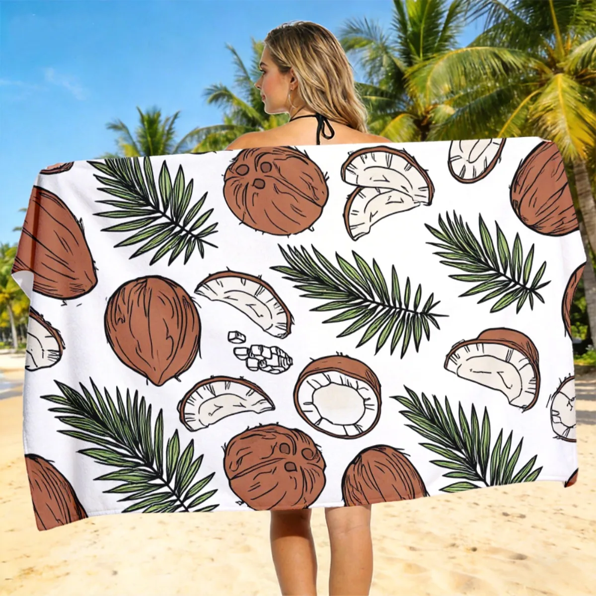 1pc with Coconut and Palm Leaf Pattern Beach Towel Practical Design Soft Comfortable Lightweight Highly Absorbent Quick Dry