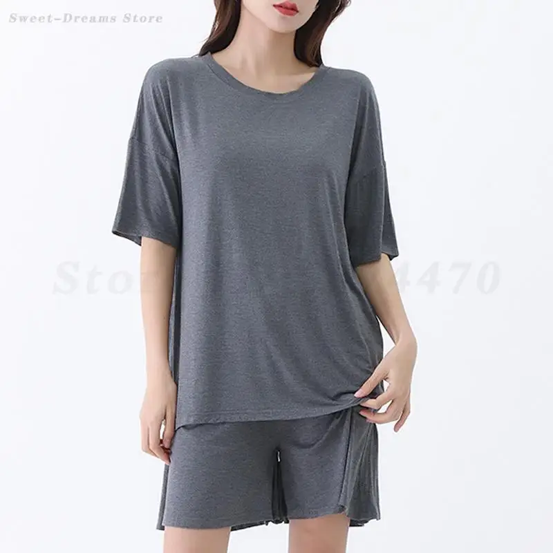 

Modal Pajamas Set Short Sleeve Sleepwear Female Homewear Nightwear Top&Shorts Loose Pijama Mujer Femme Round Neck Home Clothing