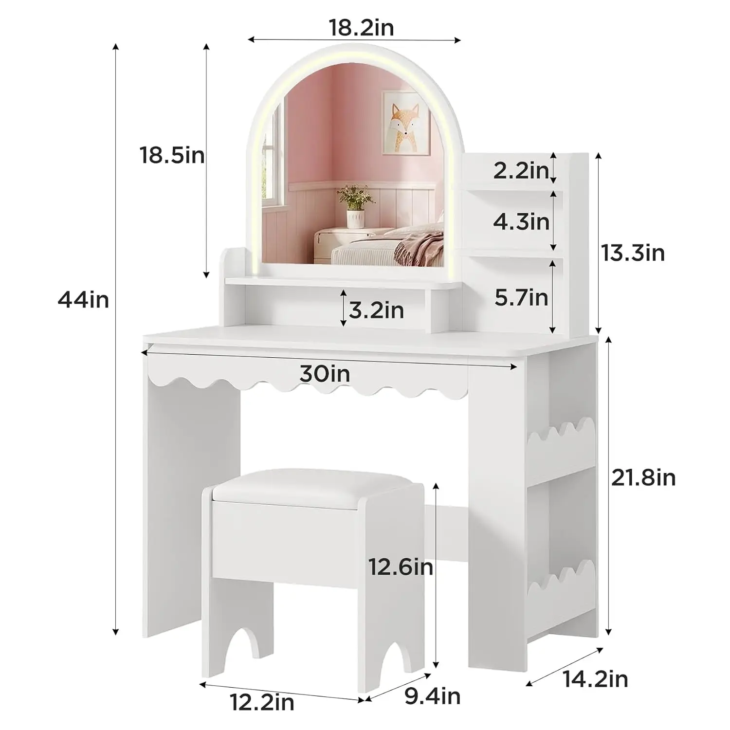 Kids Vanity Desk with Mirror and Light, Princess Makeup Vanity with Side Bookshelf and Chair Set, 3-Tier Open, Customized
