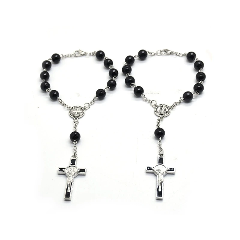 Exquisite Rosary Cross Bracelet Jewelry Black Glass Beads Rosary Bracelet Must-have Item for Catholicism Prayer