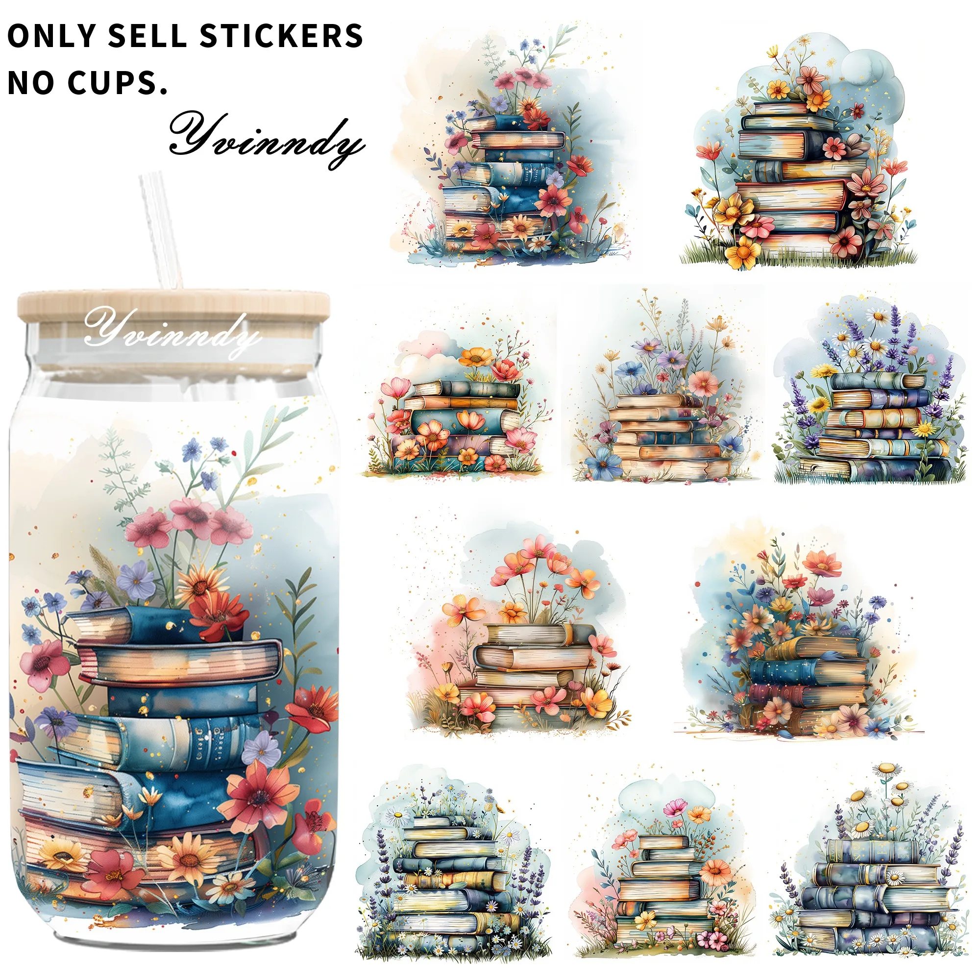 4 Stück/Set Blumen-Bücher-Stapel-Aufkleber, 16-Unzen-Becher, UVDTF-Transferaufkleber, wasserdicht und kratzfest, hochwertige Aufkleber