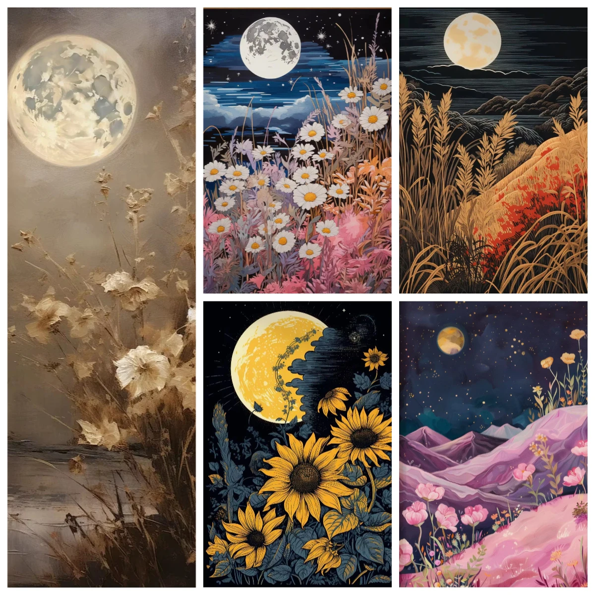 Vintage Moon Night Floral Paper Jigsaw Puzzle Sunflower Daisy Wildflower Mountain Landscape Art Puzzle for Adult Home Decor Gift