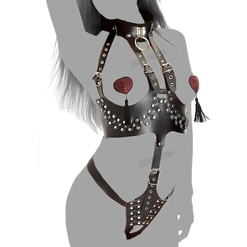 Thierry Adult Games Fetish  Leather Women's Bondage Cupless Bare Breast Open The Crotch With Neck Collar Chastity Device
