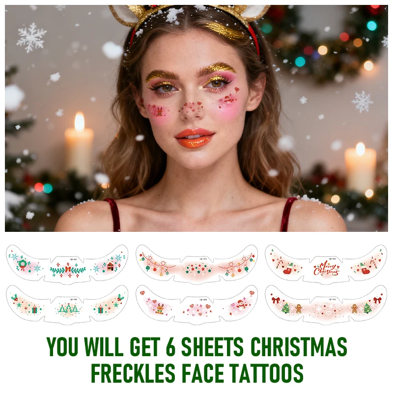 6pcs Pink Christmas Face Tattoo Stickers Snowflakes Deer Stars Heart Freckles Temporary Tattoo Stickers for Festival Party