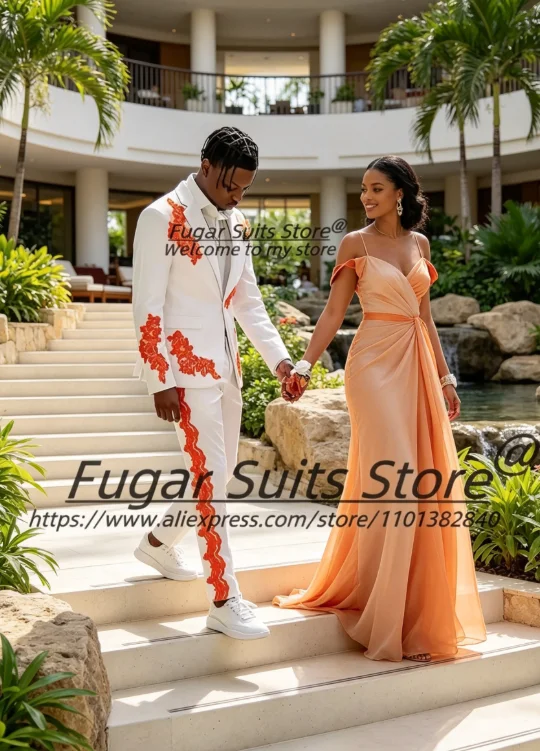 Luxurious White One Button Notched Lapel Appliques Prom Men Suits Customized Slim Fit Groom Wedding Tuxedos2Pcs Sets Ropa Hombre