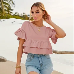 Fashion Simple Ruffled Round Collar Ruffled Elegant Shirt Spring And Summer Casual Short Sleeved Blouse Ladies