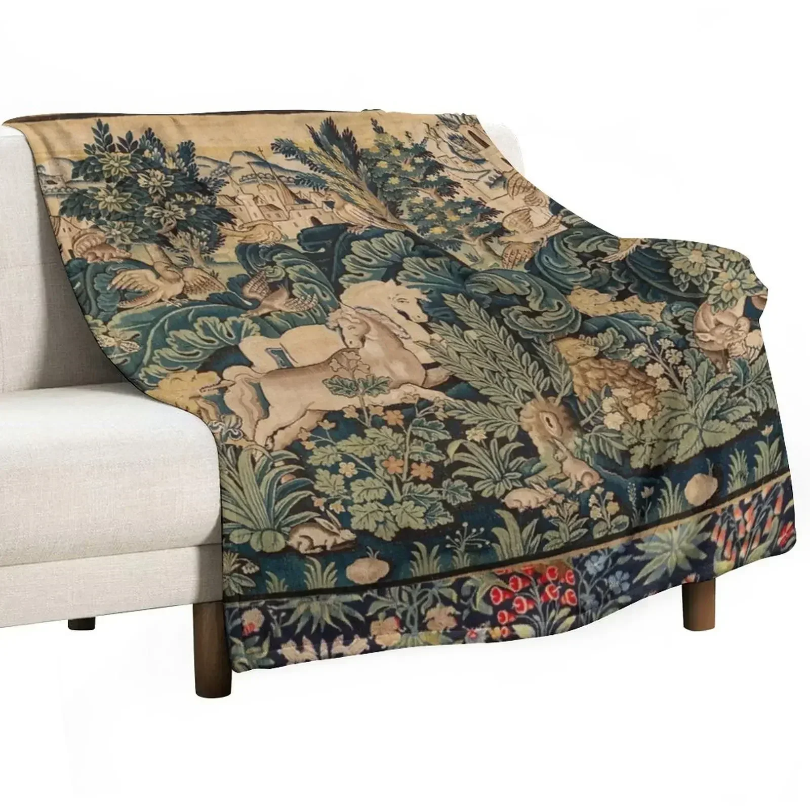 FANTASTIC ANIMALS AND HORSES IN WOODLAND Blue Green Ivory Antique French Tapestry Throw Blanket Plush Summer Beddings Blankets