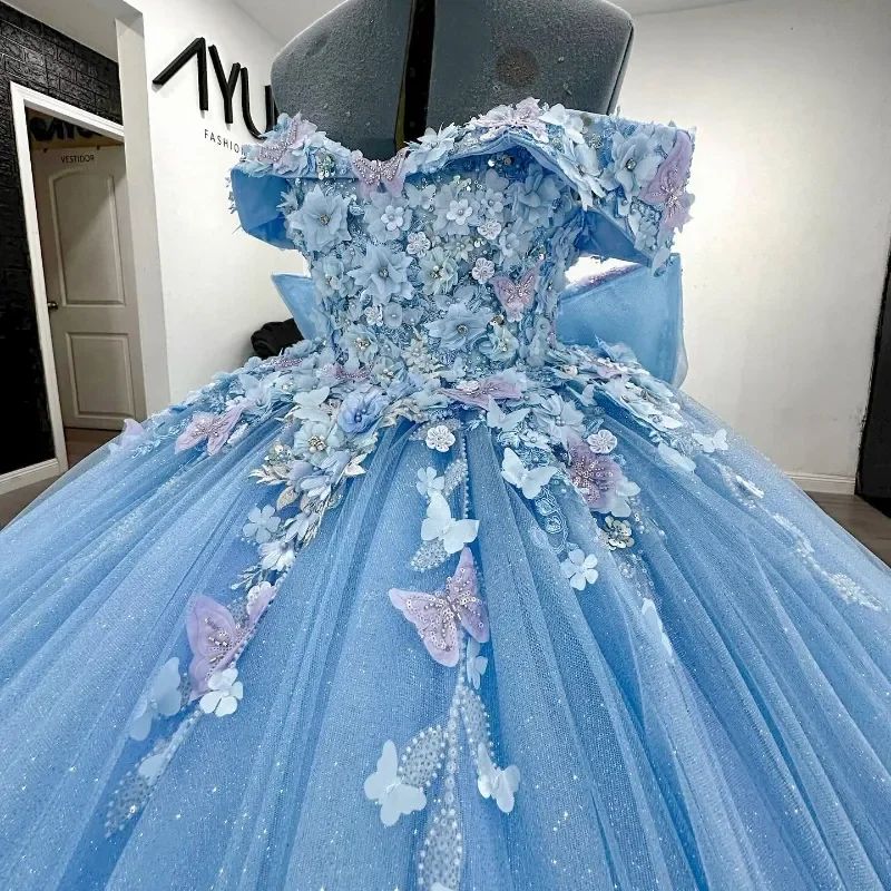 Céu azul Handmade Quinceanera Vestidos, 3D Flower Applique, Lace Beads, Sweet 16 Vestidos de baile, Imagem Real, 15