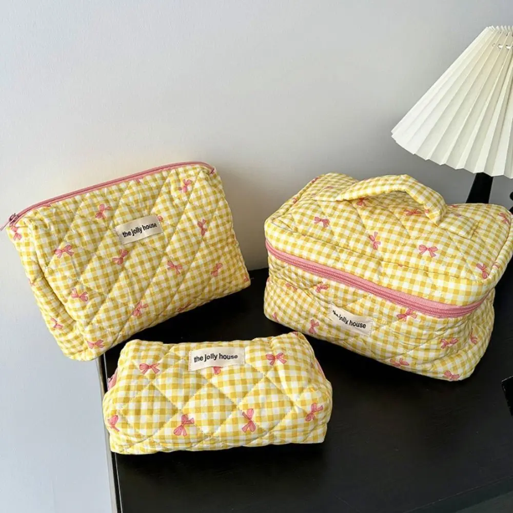 Large Capacity Lattice Cosmetic Bag Korean Style Bow Pattern Cute Storage Bag Colorful with Zipper Portable Makeup Bag Girls