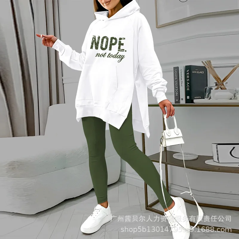 

Wepbel Hooded Sweatshirt Tops Women Skinny Pencil Pants Two Piece Sets Outfits Clothing Pocket Slit Sweater Top Trousers Sets