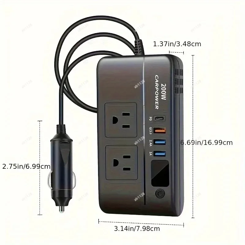 Transformer 200WAutomotive Power Inverter，DC 12VTurnAC 110VCar Charger AdapterLEDDisplay Screen，American Standard