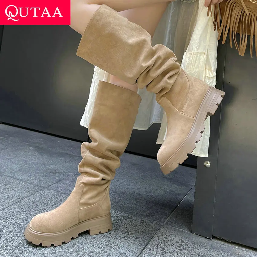 

QUTAA 2024 Thick Med Heels Women Knee High Boots Fashion Slip On Cow Suede Leather Autumn Winter Party Shoes Woman Size 34-39