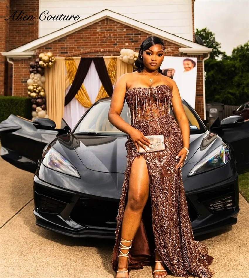

Sparkly Luxury Brown Crystal Mermaid Evening Dresses Diamonds Split Glitter Wedding Prom Party Gowns Robe Customized