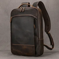 Mochila Vintage de cuero Crazy Horse para hombre, mochila Retro de cuero genuino, mochila de viaje clásica grande, bolso grande para ordenador portátil