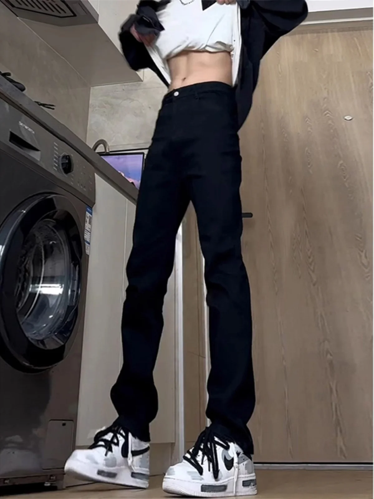 

Pure Bla Elastic Soft Jeans Men's Extended Length Slim Fit Straight Leg Pants Trendy Youth Low Waist Cotton Denim Jeans