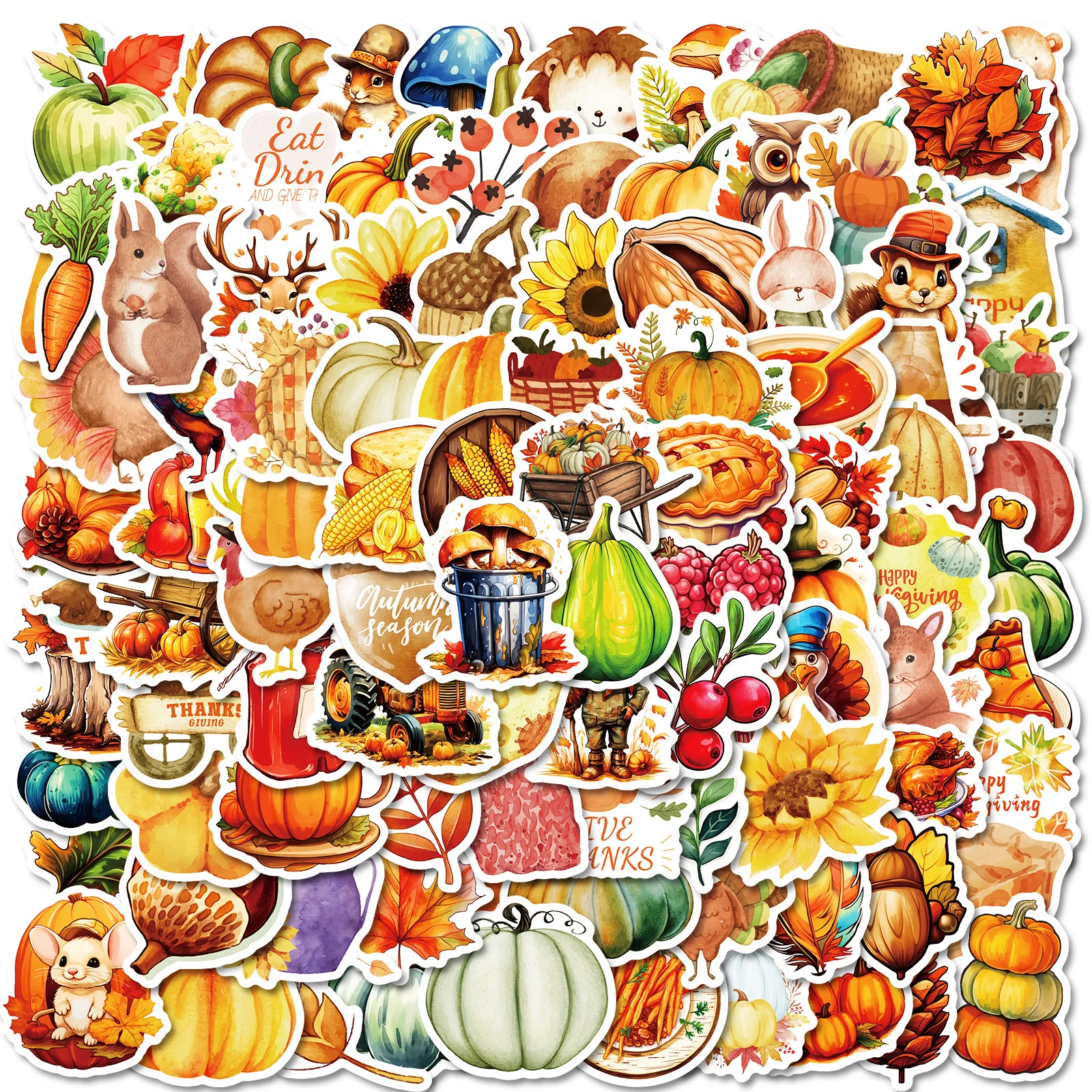 

10/30/50/100PCS Golden Yellow Thanksgiving Day Stickers Cartoon Sticker Pumpkin Graffiti Decals DIY Luggage Laptop Phone Guitar