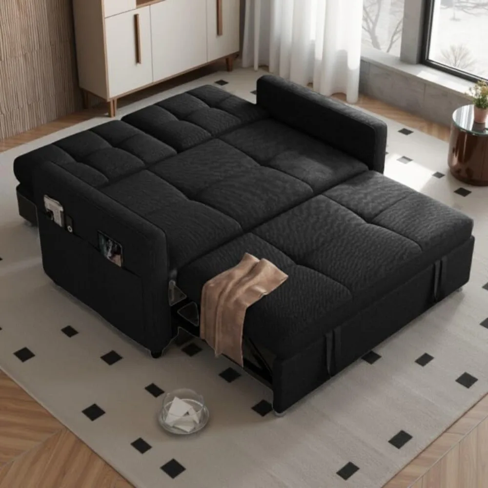 

55" Convertible Sofa Bed, 3-in-1 Sleeper Sofa with Pull-Out Bed, Linen Futon Couch with Adjustable Backrest and Side Pocket, Mo