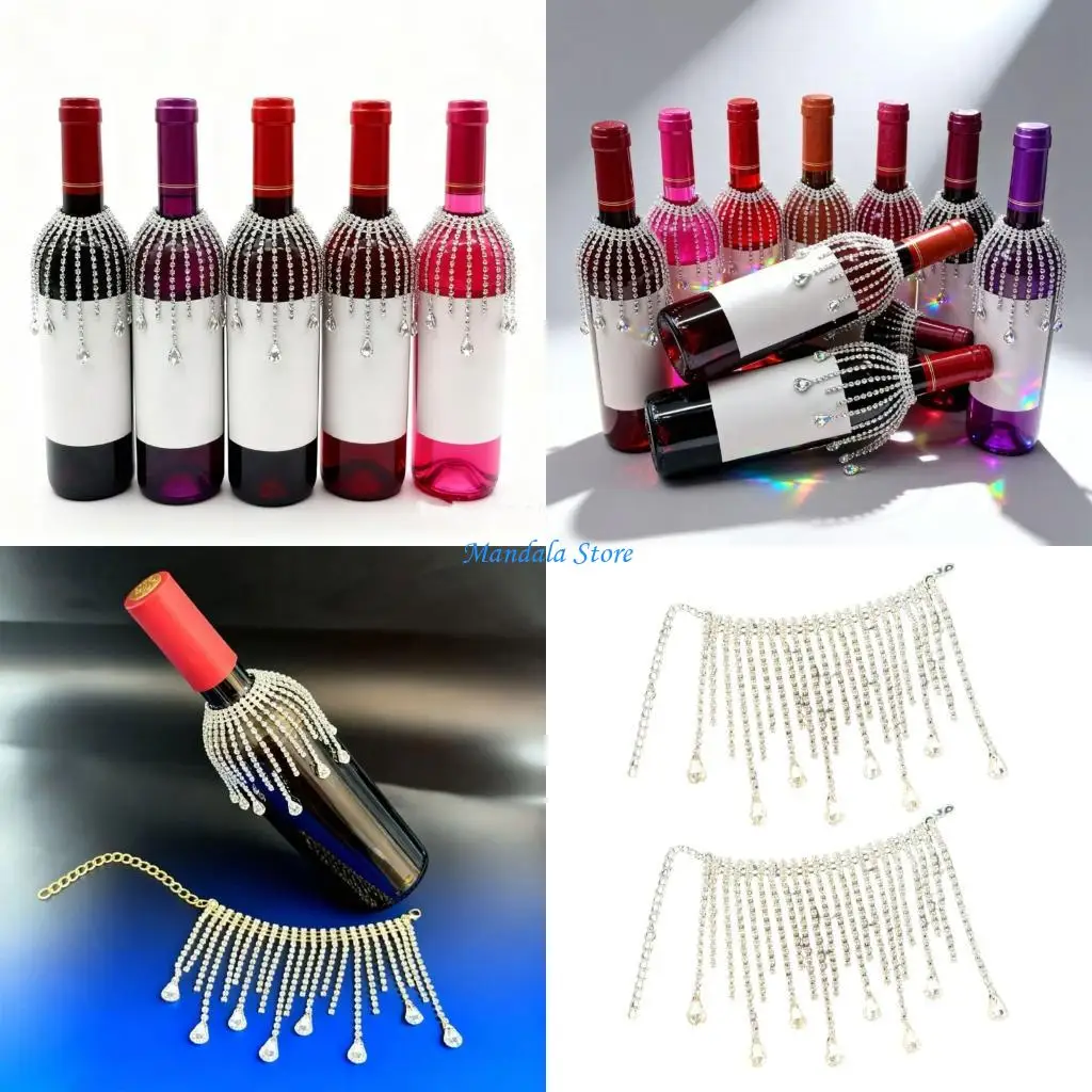 U2JC Artistic Gift Packaging Decors Chain Crystal Rhinestones Tassels Wine Bottle Veil