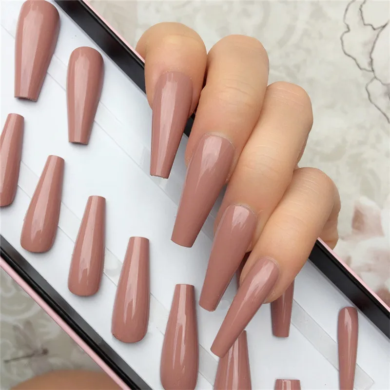 

24Pcs Shiny Nude Long Ballerina Coffin False Nails Artificial Press On Fake Nails With Jelly Glue DIY Full Cover Manicure Tool