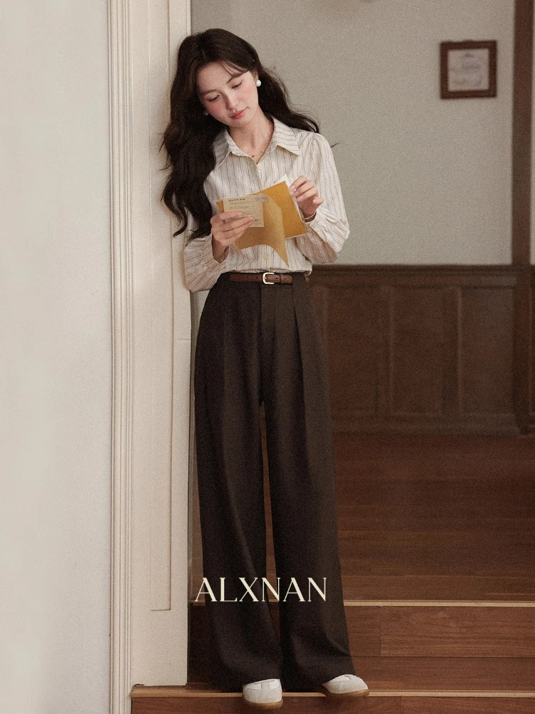 ALXNAN سراويل تقليدية نسائية بنية عالية الخصر فضفاضة تناسب بنطلون تدلى المضادة للتجاعيد التنقل سراويل نسائية متعددة الاستخدامات L57052