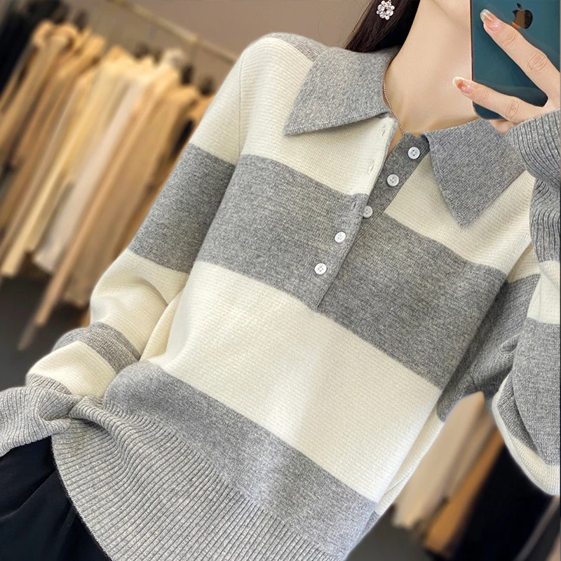 เสื้อสเวตเตอร์ไหมเมอริโนแท้ 100% สำหรับผู้หญิง แขนยาว คอโปโล แฟชั่นฤดูใบไม้ร่วงฤดูหนาว เสื้อผ้าแฟชั่นพื้นฐาน