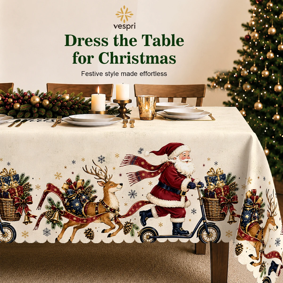 Woodland Tablecloth with Santa Sleigh, Reindeer & Gifts for Indoor/Outdoor Camping decor, Rectangular/Round/Oval