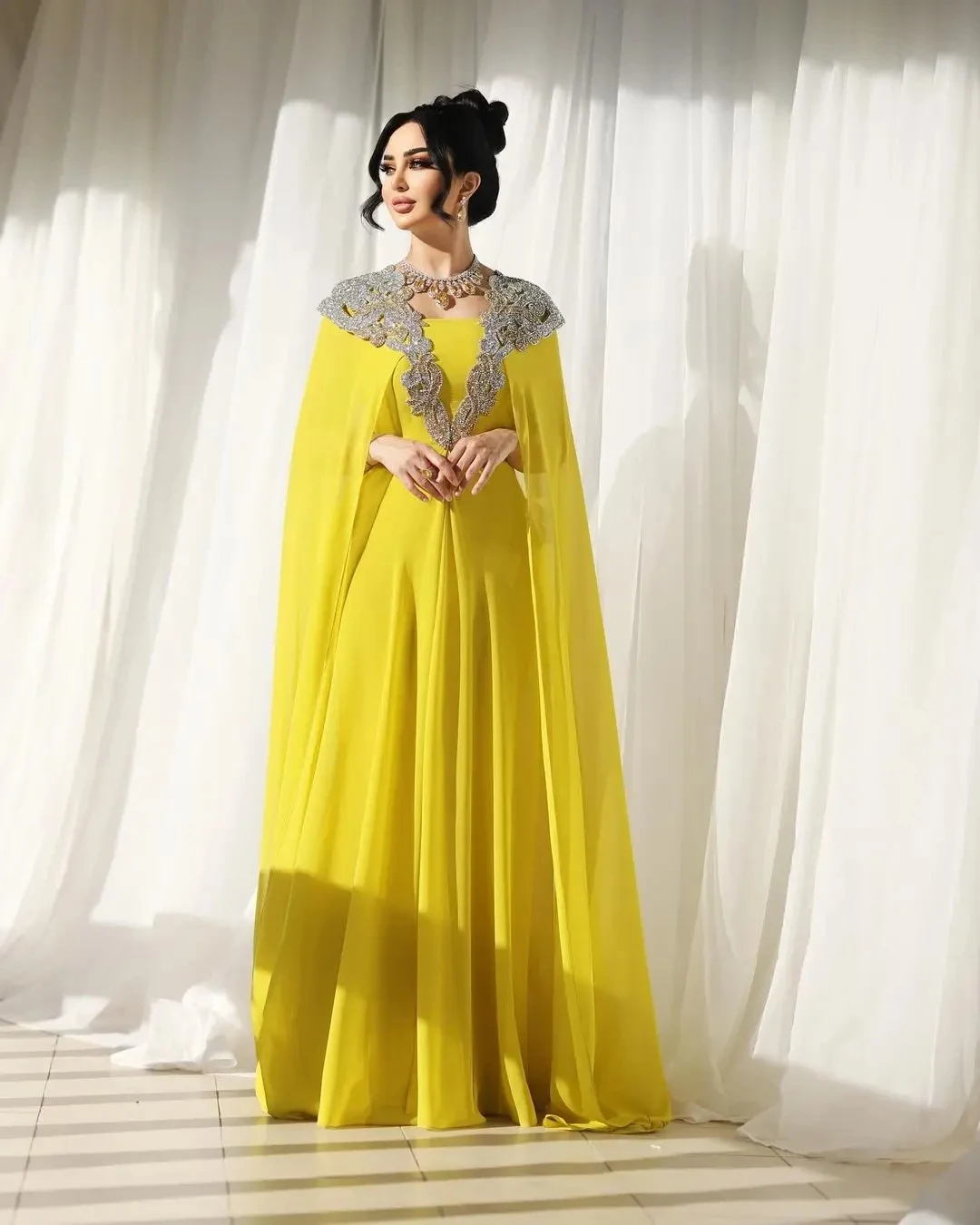 Jirocum personnalisé manches longues perlées robes de soirée en mousseline de soie col carré dos nu longueur de plancher robes de soirée robe de bal formelle