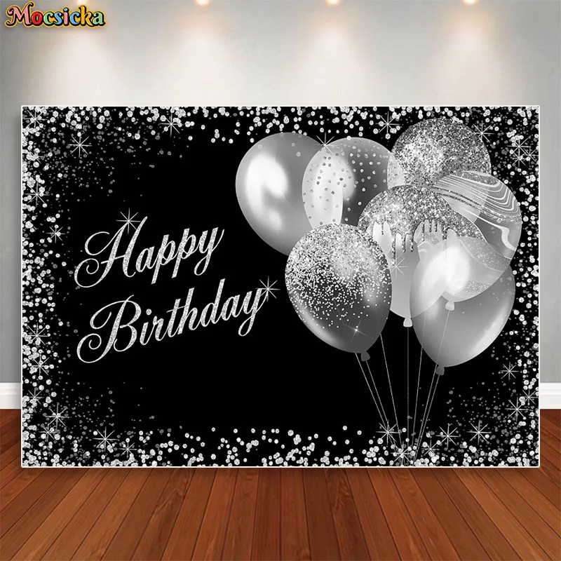 Mocsicka Mocsicka Silver Dots Birthday Backdrop for Girls Women High Heels Balloons Birthday Party Decoration Studio Banner