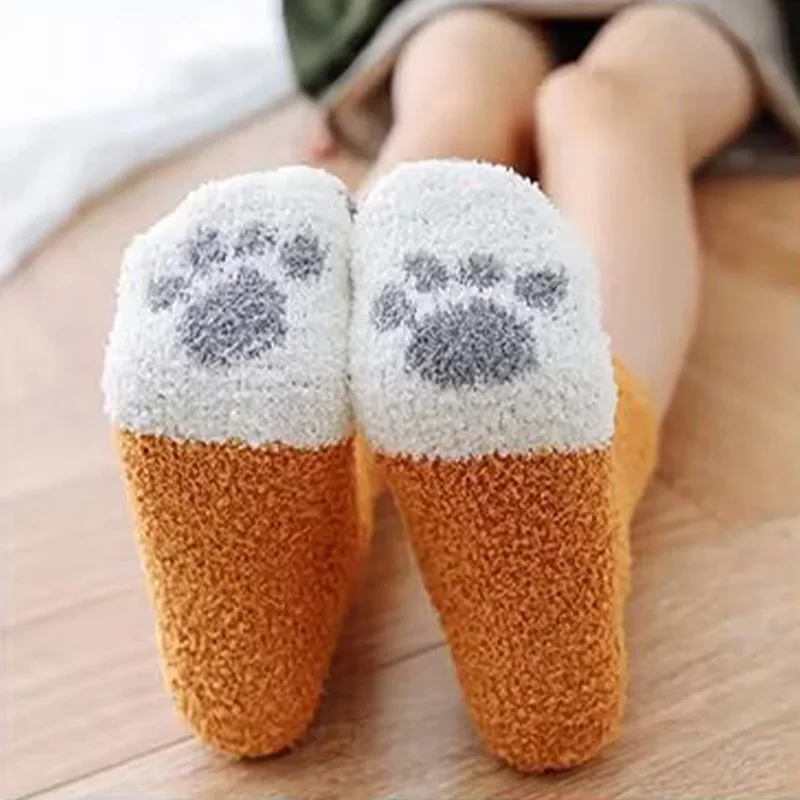 5켤레 가을 겨울 산호 벨벳 양말 귀여운 고양이 발톱 양말 여성용 소녀용 중간 길이 두꺼운 수면 홈 플로어 양말