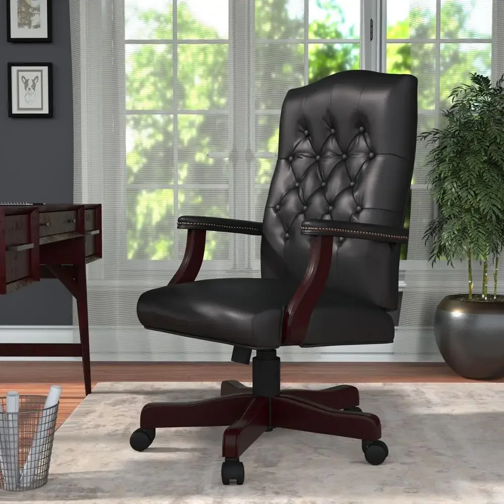 Black Traditional Button Tufted Executive Chair with Lumbar Support Mahogany Finish 28x27x47