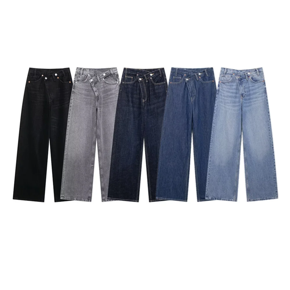 PB & ZA2024 ฤดูหนาวเสื้อผ้าสตรีใหม่สไตล์SlimmingและSimple Double Breastedกางเกงเอวสูงและขากว้างDENIMกางเกง