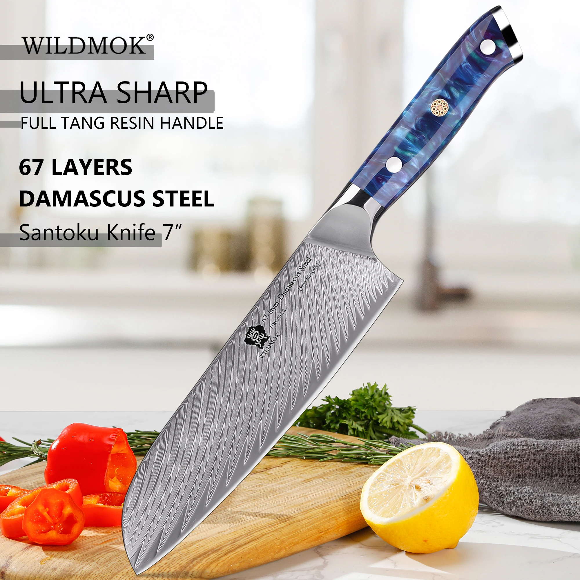 WILDMOK 7 Inch Multipurpose Santoku Knife, VG10 Damascus Blade Resin Handle, High Quality Kitchen Cutlery for Meat Veggies