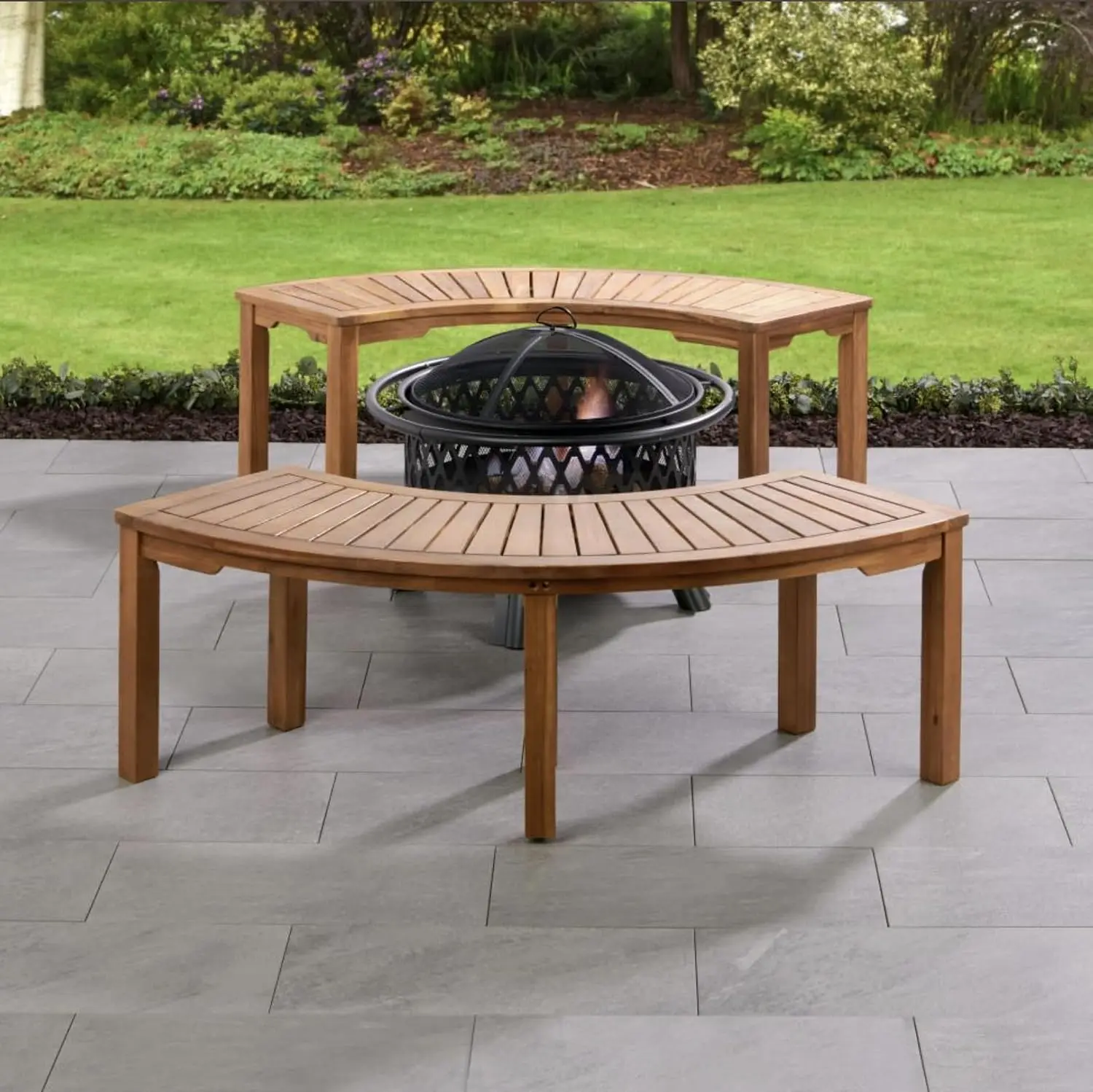 Acacia Wood Curved Outdoor Bench for Fire Pit & Patio, 6FT Backless Round, 57