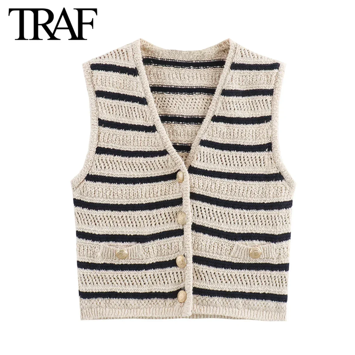 TRAF Women Fashion Summer New Striped Sleeveless Single Breasted V-neck Cardigan Knitted Sweater Vest Sweet Chic Ladies Tops