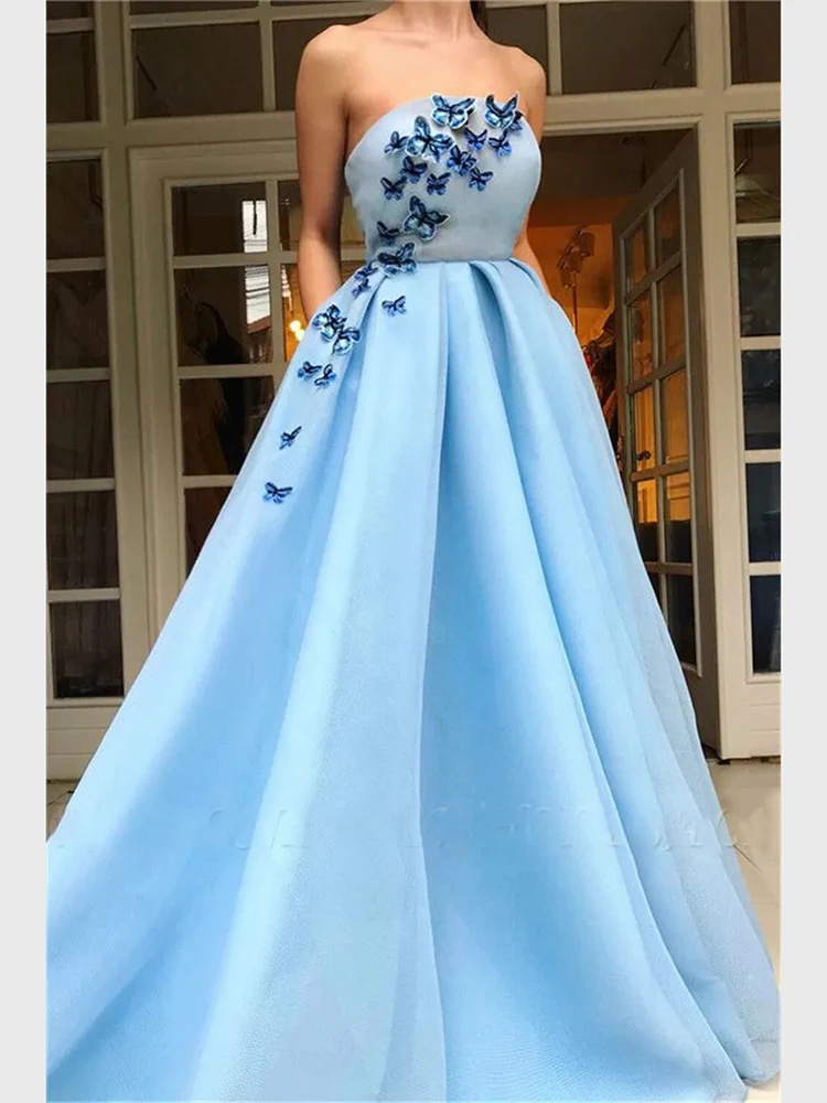 Vestido sem alças com bolsos de borboleta, céu azul claro, convidado do casamento, vestidos de baile, especial de noiva, verão, 2023