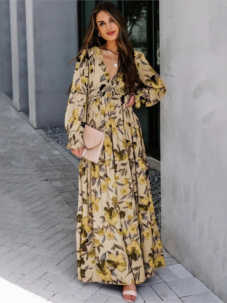 2025 Fashion Flora Printed Long Dress Women's Elegant Evening Gown Dress Attractive Style Temperament Commuter Evening Dress
