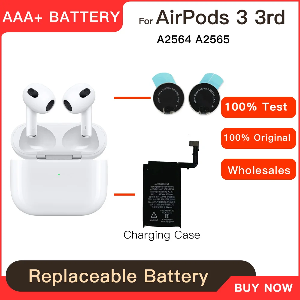 Genuine A2647 Replacement Battery For Apple Airpods 3 A2564 A2565 For Air Pods 3 Rechargeable Batteries Batteria A2793+Free Tool