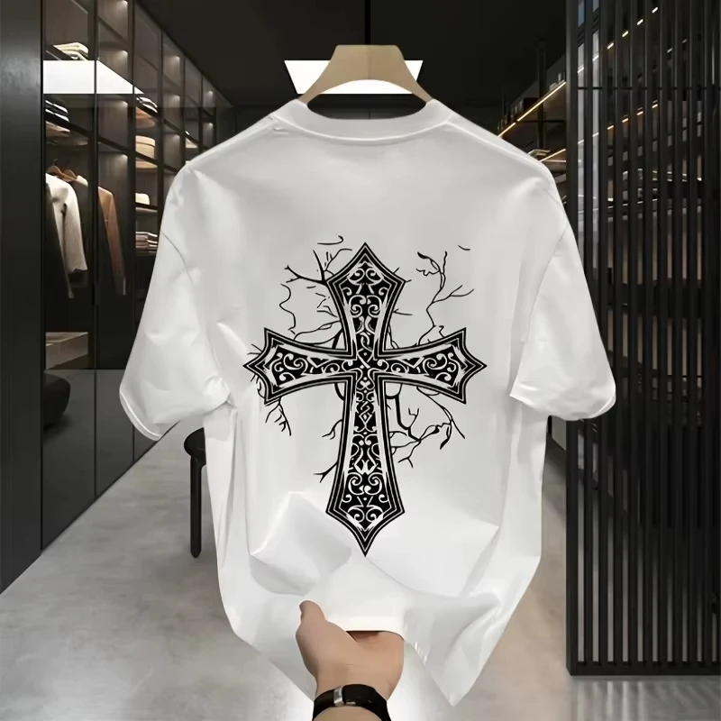 New Ornate Cross Back Print T Shirt Vintage Pattern Twig Surround Cross Graphic Streetwear Unisex Casual Cotton Short Sleeve Tee