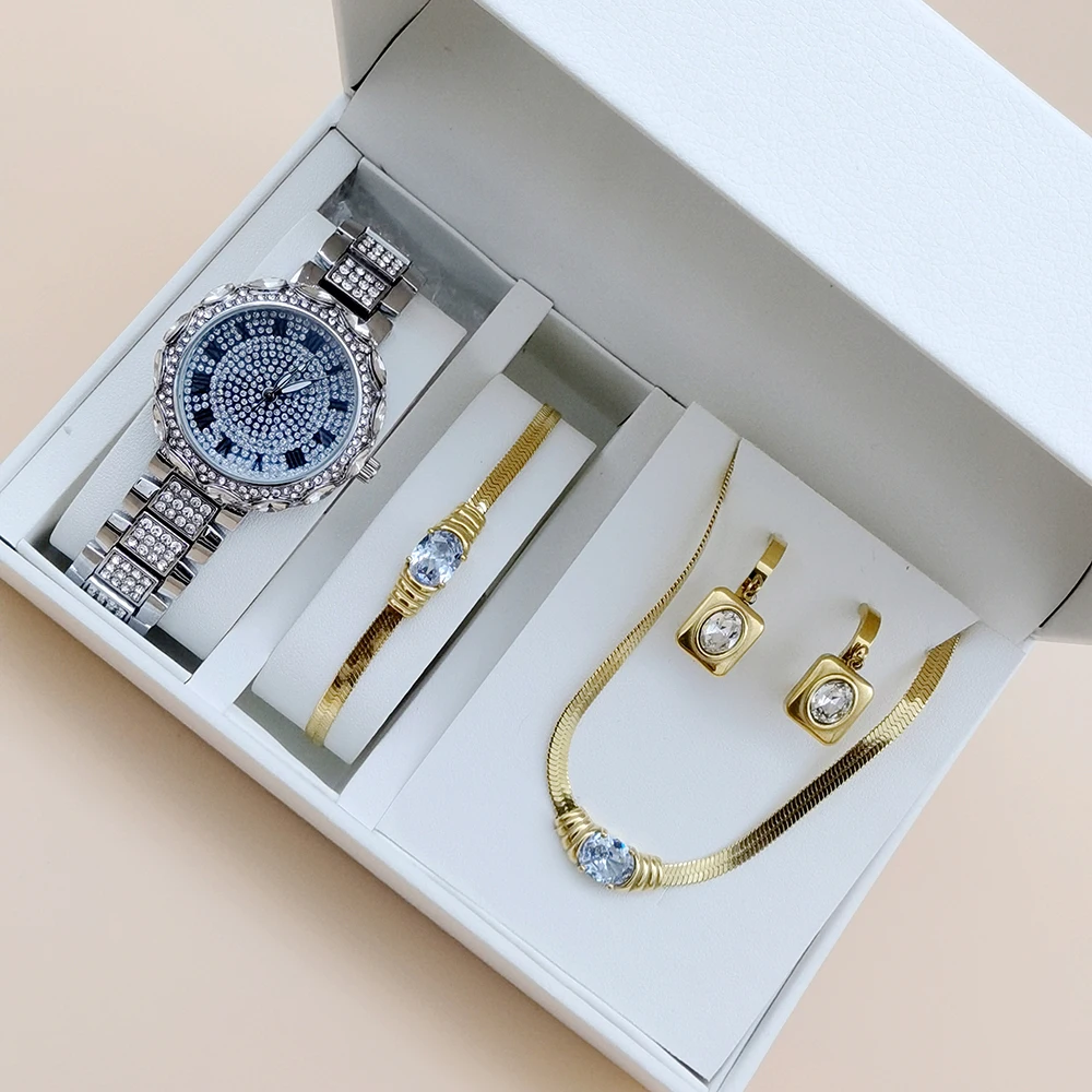 4Pcs Diamond Women Quartz Watches Luxury Ladies Wrist Watches With Stainless Steel Zircon Pendant Necklace Earrings Jewelry Set