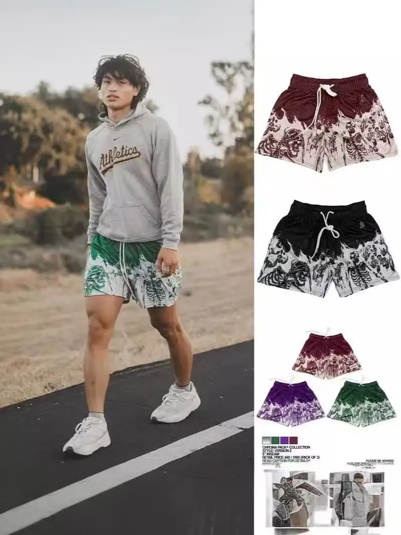 

New men short pant Summer Skull Pattern Casual Shorts Street Hip Hop Fitness Polyester Fast Dry Breathable Embroidery Men Shorts
